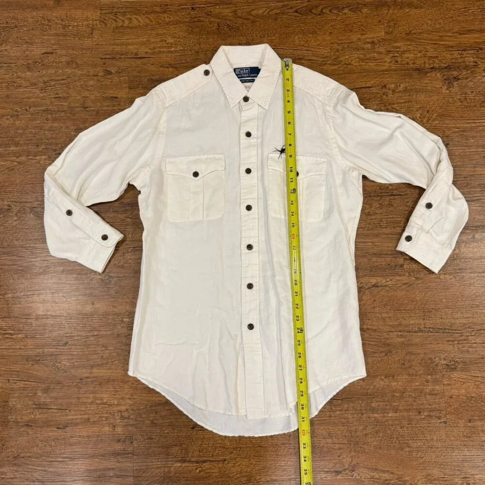 Polo Ralph Lauren Beige Trim Military Spider Logo Linen Button Up Shirt Men's‎ M